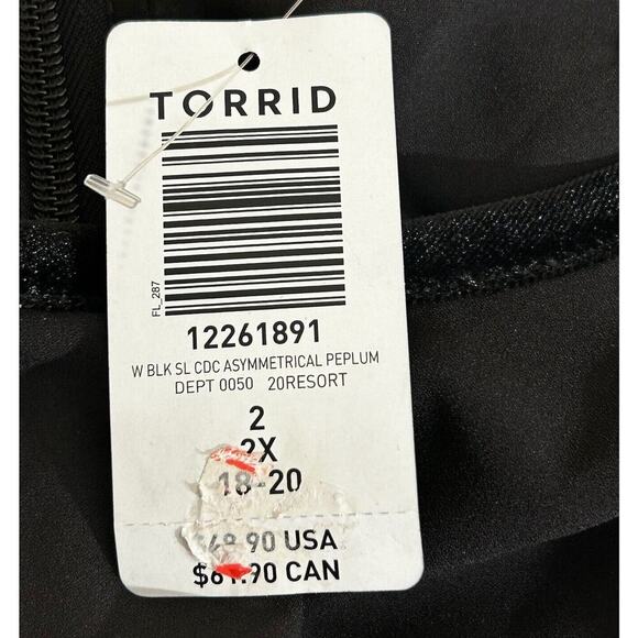 NWT TORRID Women’s Black Crepe Velvet Trim Asymmetrical Peplum Top Size 2X - Picture 11 of 12
